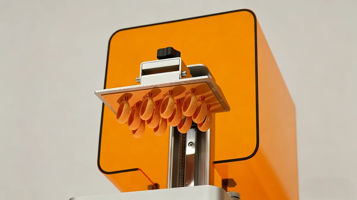 Batch printing display of 3D printed ring prototypes on print bed made with NextShapes Hight Resolution 12K Red Wax Resin, highlighting scalable jewelry production capability