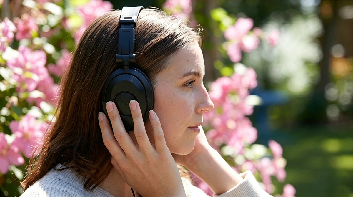 Flower scene wearing display of 3D printed headphones made with NextShapes ABS Like Pro Resin, highlighting comfort and aesthetic appearance
