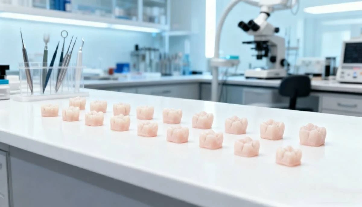 Lab display of batch 3D printed single-tooth models made with NextShapes Dental Model Resin, showcasing scalable educational model production