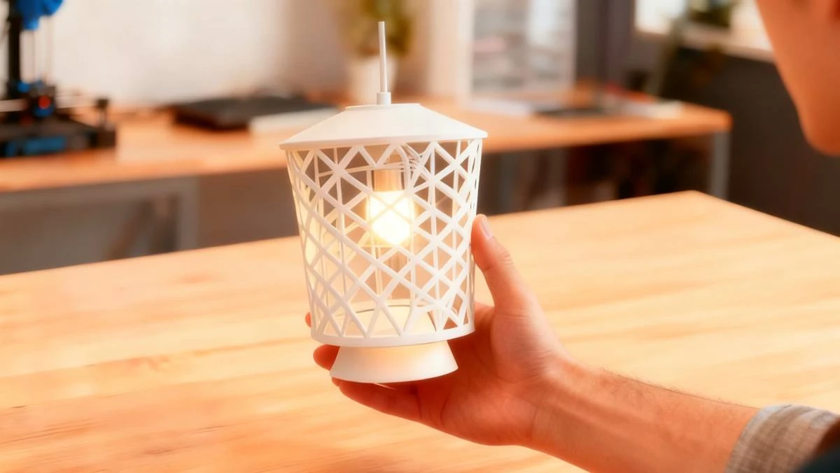 Handheld display of 3D printed lace lantern made with NextShapes Standard PLA filament, demonstrating complex openwork geometry and durability