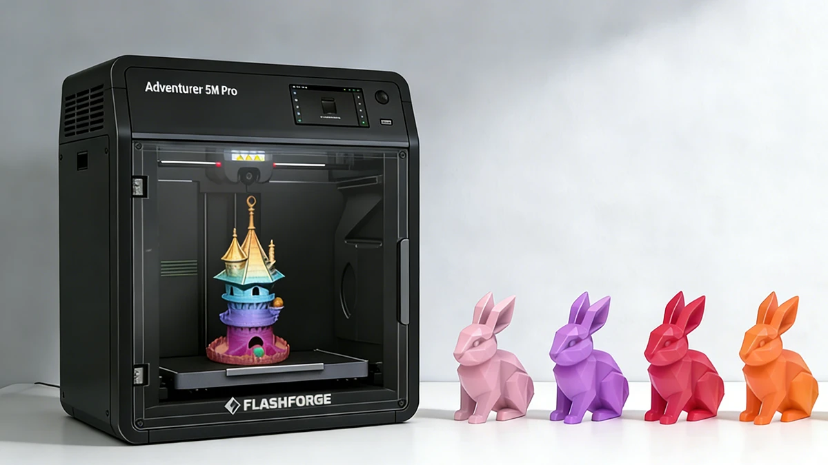 Display of FDM 3D printer and colorful rabbit figures array made with NextShapes PETG HF filament, demonstrating high-speed printing capability and batch consistency