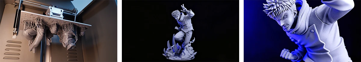 Detail display of 3D printed character figures (sculpture, battle pose, facial close-up) made with NextShapes Standard Pro Resin, highlighting intricate texture and dimensional stability