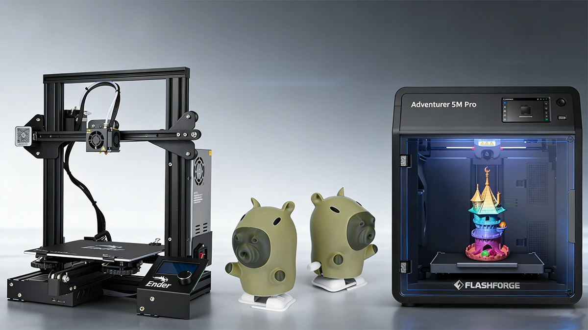 Compatibility display of NextShapes PETG HF filament with multiple FDM printers and 3D printed models, demonstrating broad ecosystem support