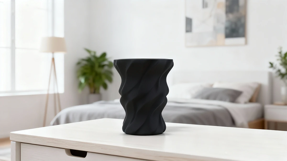 Display of 3D printed black spiral vase made with NextShapes PETG HF filament, demonstrating complex geometry and structural stability
