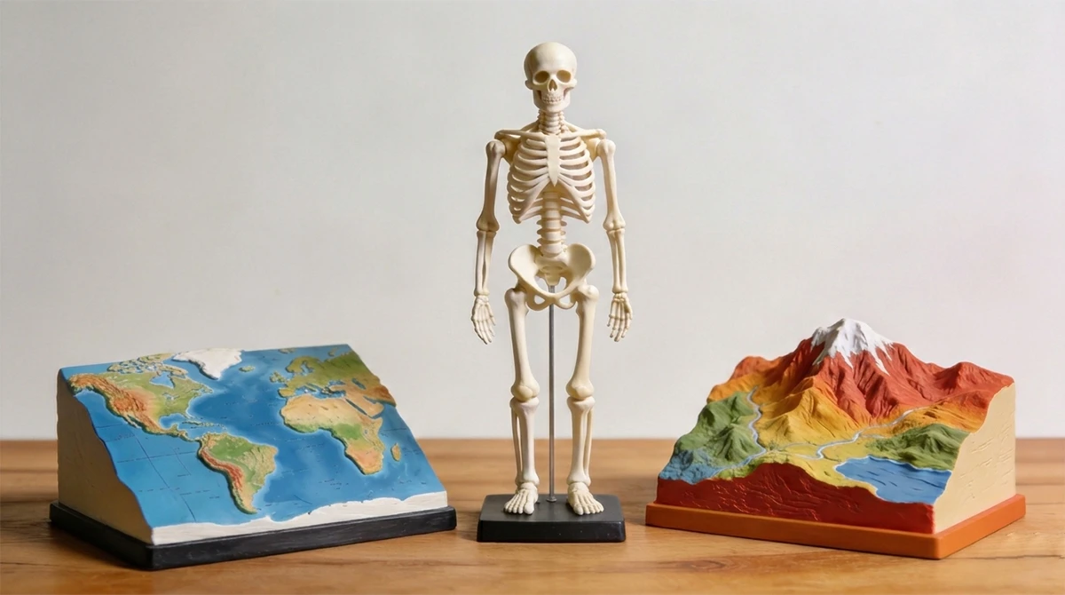Display of 3D printed educational models (human skeleton, terrain relief, world map) made with NextShapes Standard Pro Resin, demonstrating versatility in educational applications
