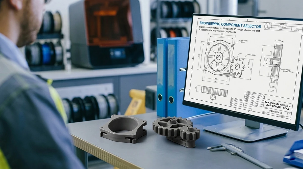 Design verification display of 3D printed engineering parts made with NextShapes Precision ABS Gray Resin, showing alignment with CAD design
