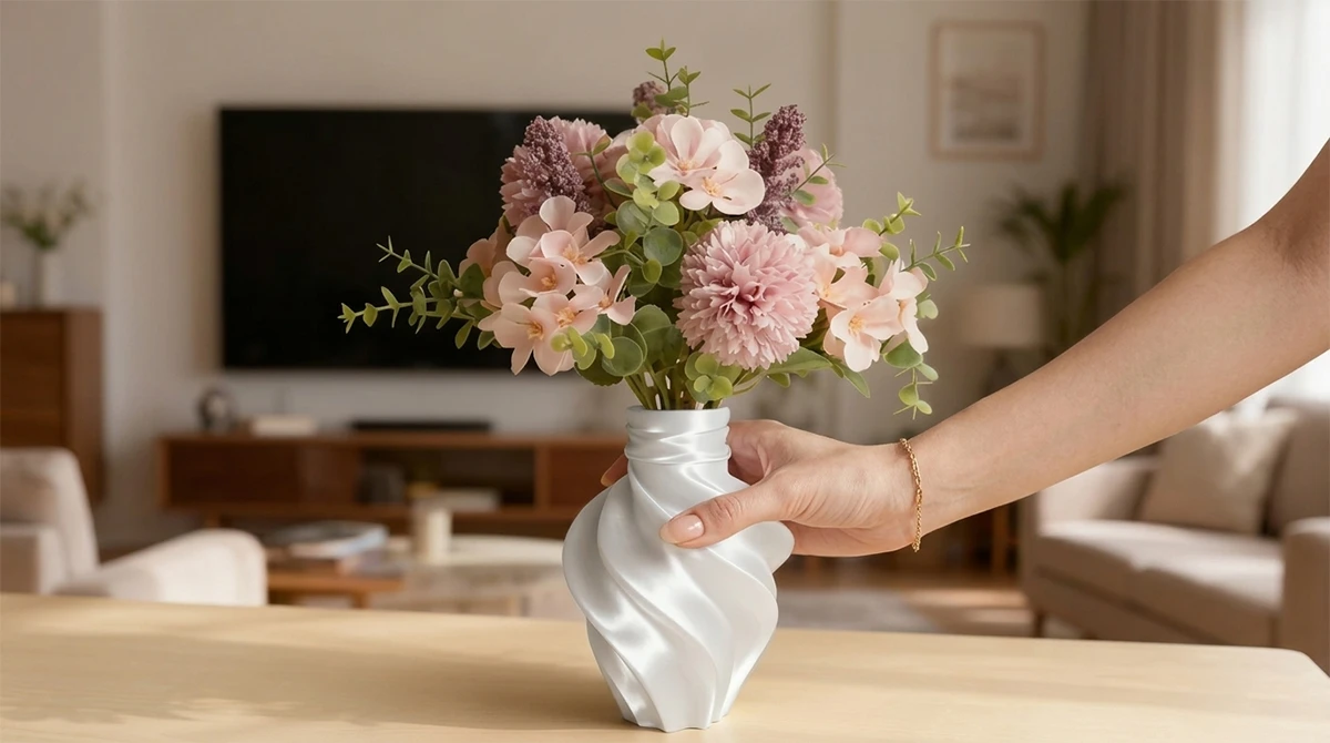 NextShapes-PLA-Silk-Filament-3D-printed-white-twisted-vase-handheld-display