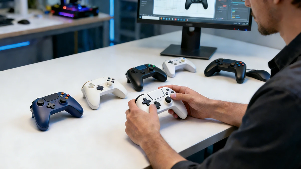 Testing scene of 3D printed multi-color game controller prototypes made with NextShapes Standard Pro Resin, highlighting CMF iteration and functional validation