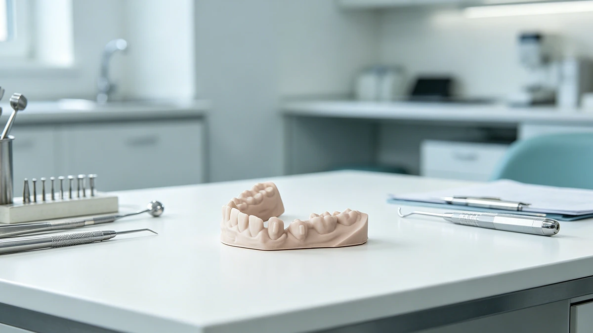 Display of 3D printed maxillary arch model and single crowns made with NextShapes Dental Model Resin, demonstrating restoration fabrication base capability