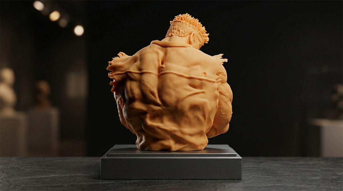 Close-up of the back of an orange 3D printed anime statue, showing smooth "red wax" texture and fine details after alcohol cleaning