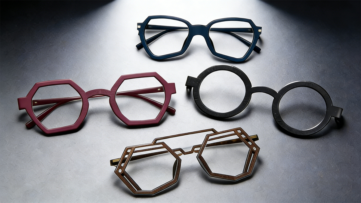 Multiple colorful 3D printed eyeglass frames made with Standard Pro resin, highlighting different designs, smooth finish, and mechanical strength for try-on testing.