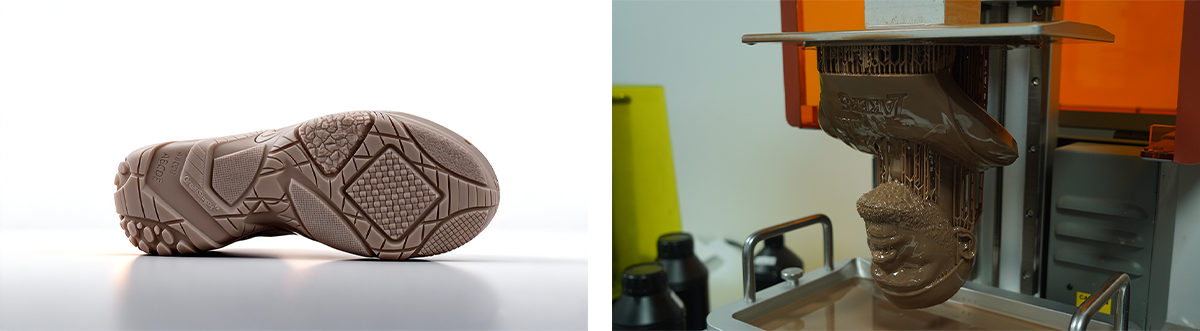 Bottom view of a 3D printed shoe sole prototype, highlighting dimensional accuracy and detail. 3D printer in operation, printing shoe molds with NextShapes Shoe Mold & Head Sculpt Resin