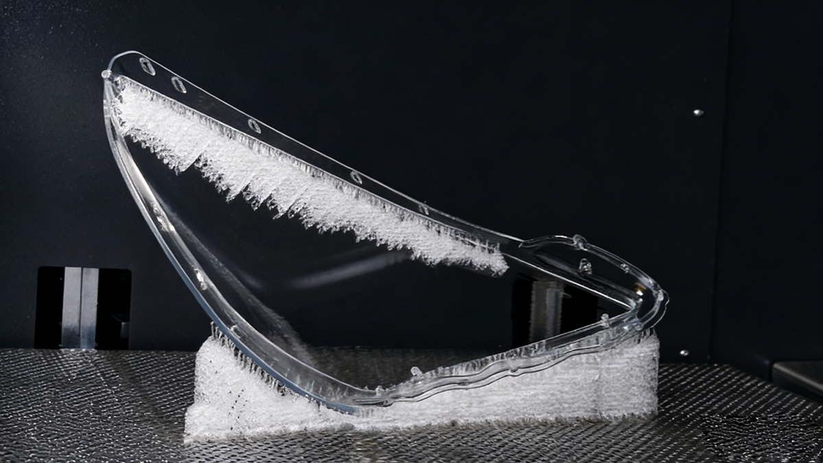 Transparent automotive component 3D printed with Precision Clear resin, showing easy-to-remove supports and stable production quality for industrial use.