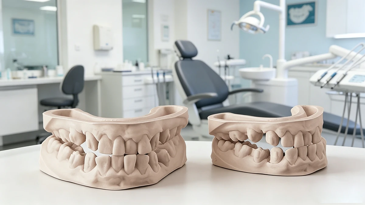 Clinical display of 3D printed full-arch dual dental models made with NextShapes Dental Model Resin, showcasing skin-toned appearance and anatomical fidelity