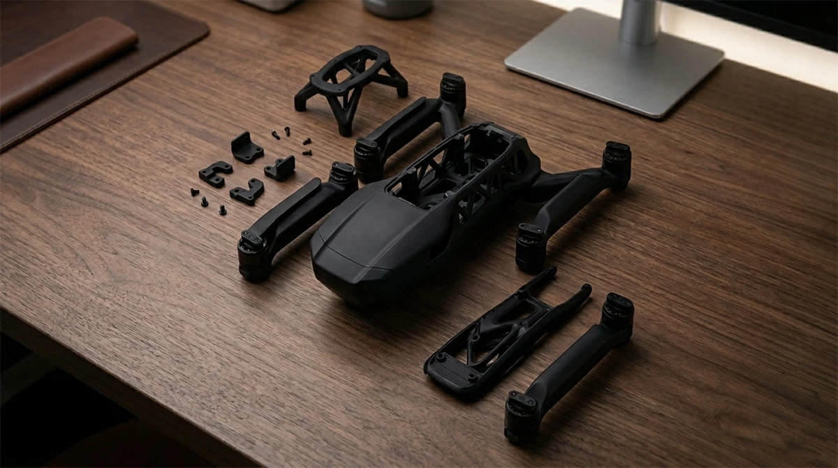 Disassembled parts display of 3D printed drone made with NextShapes PLA CF filament, showcasing dimensional accuracy and assembly compatibility