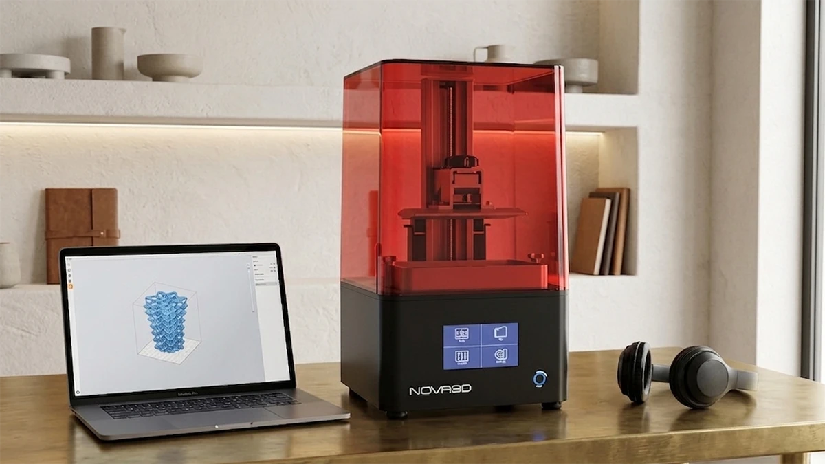 Workflow display of LCD 3D printer and 3D printed headphone prototype using NextShapes ABS Like Pro Resin, showcasing end-to-end functional prototyping process