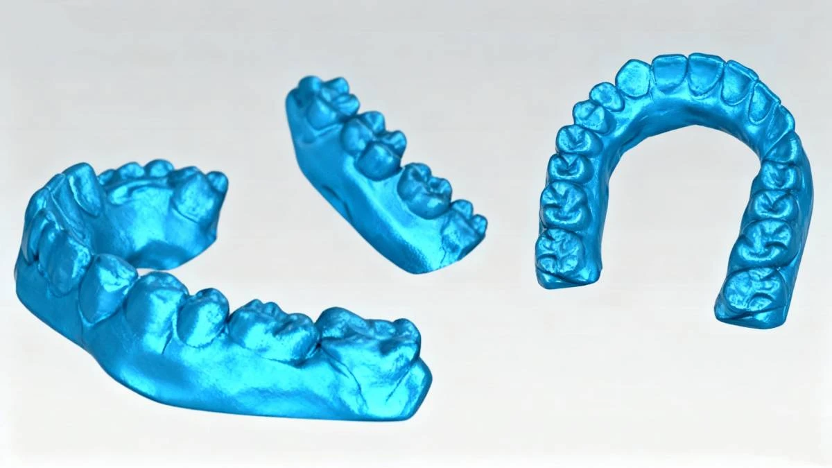 Display of 3D printed blue dental impression models made with NextShapes Dental Model Resin, demonstrating versatility in dental workflow applications
