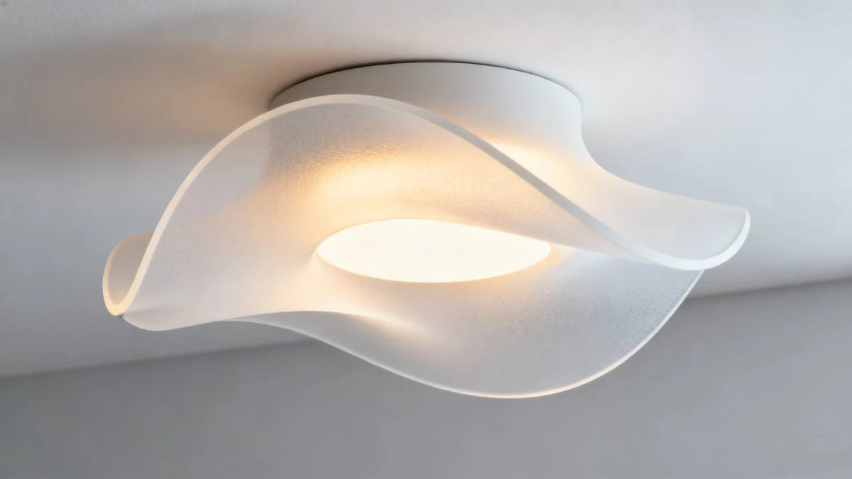 Display of finished 3D printed wave ceiling lamp made with NextShapes Standard PLA filament, showcasing smooth wavy surfaces and light transmission