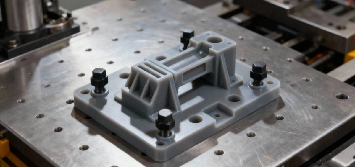 Installed display of 3D printed production line locating fixture made with NextShapes Precision ABS Gray Resin, demonstrating real-world production application