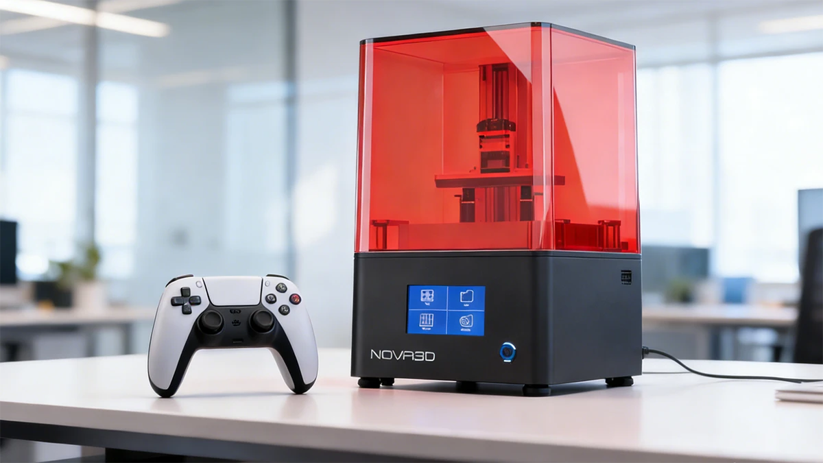Display of LCD 3D printer and 3D printed gamepad prototype using NextShapes Standard Pro Resin, showcasing end-to-end prototyping workflow