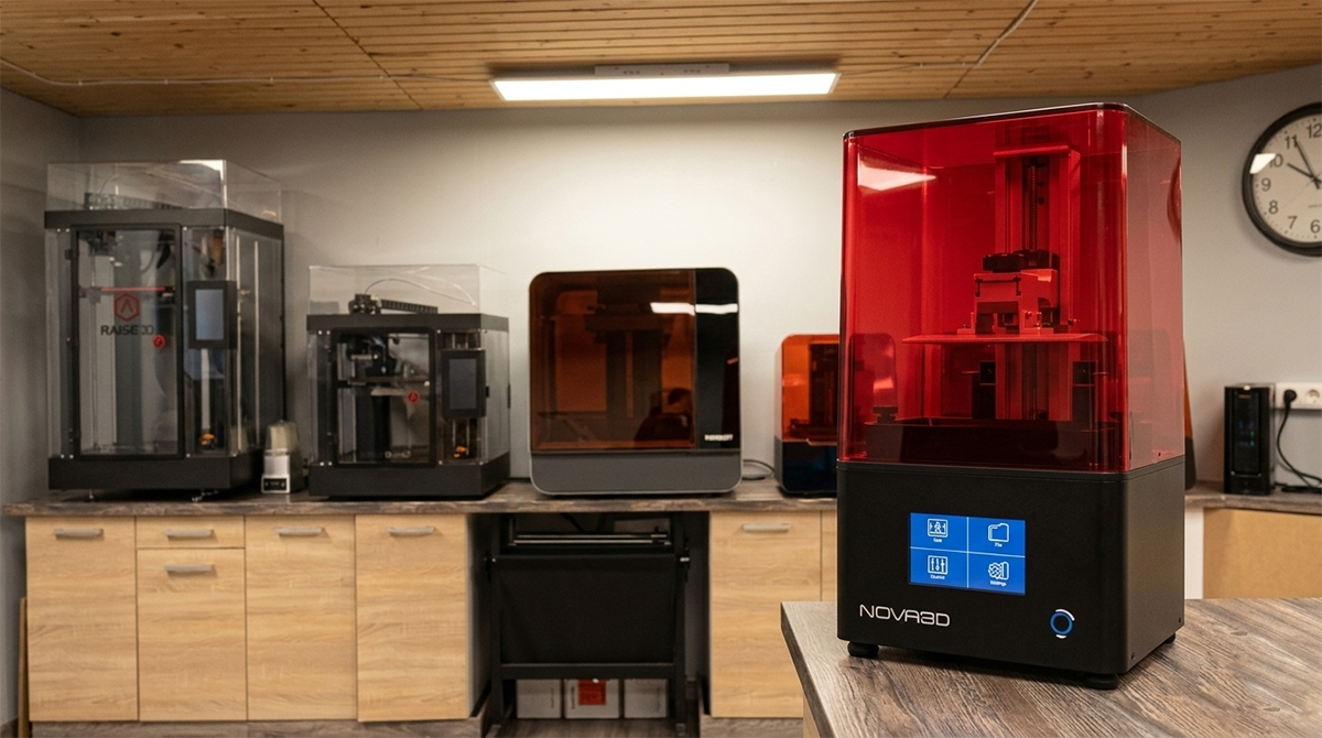 Anime figure studio workspace with multiple LCD/DLP 3D printers, including a red resin printer, set up for small-batch production