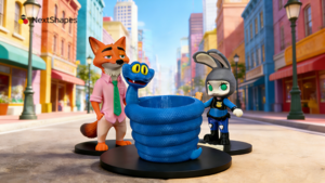 3D printed Zootopia characters (Nick Wilde, Judy Hopps, and snake) made with NextShapes PETG HF High-Toughness Filament in a city street scene