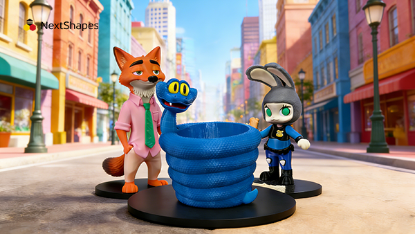 3D printed Zootopia characters (Nick Wilde, Judy Hopps, and snake) made with NextShapes PETG HF High-Toughness Filament in a city street scene