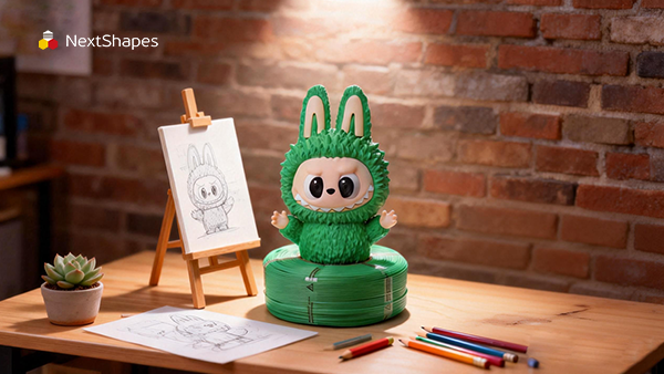 Green 3D printed Labubu-style figurine on a creator's desk, demonstrating smooth surface finish and easy post-processing with Standard PLA filament.