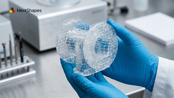 Lab technician holding a clear 3D printed resin casting pattern made with nextshapes Precision Cast resin, demonstrating its transparency and precision for investment casting