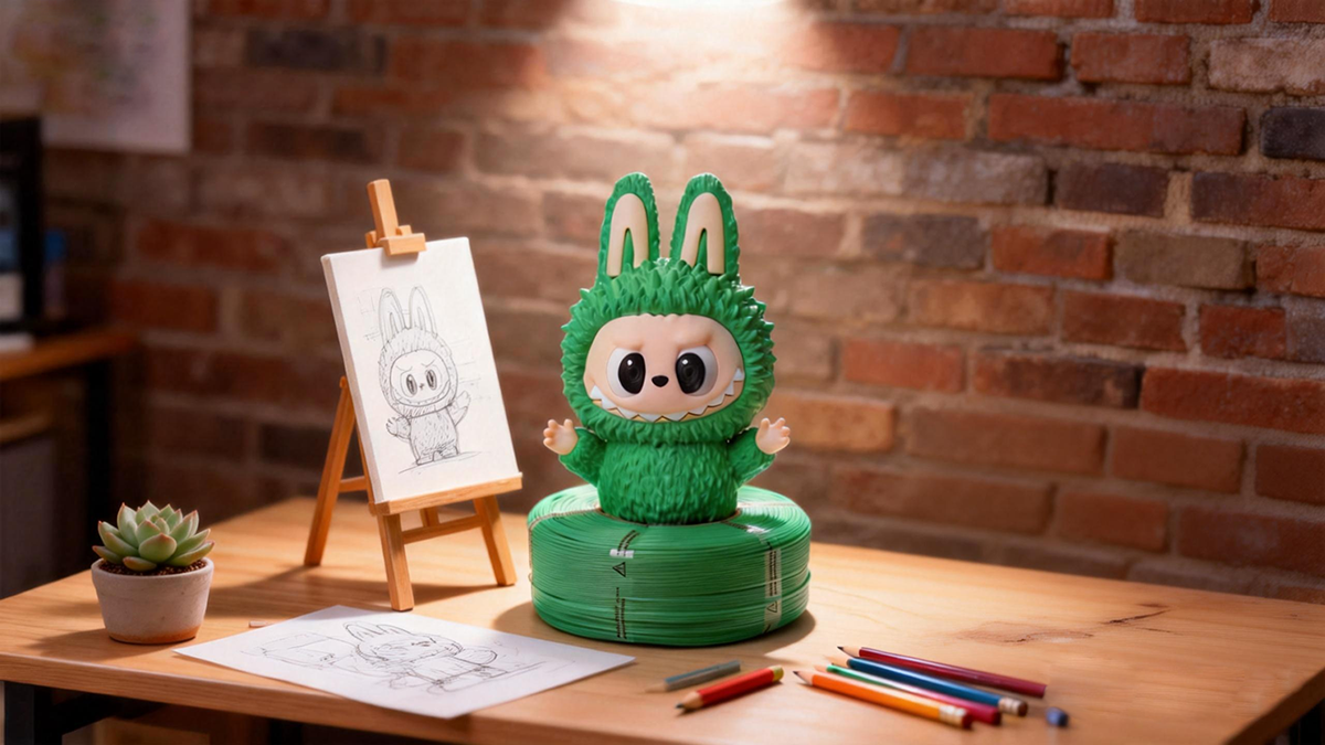 Green 3D printed Labubu-style figurine on a creator's desk, demonstrating smooth surface finish and easy post-processing with Standard PLA filament.