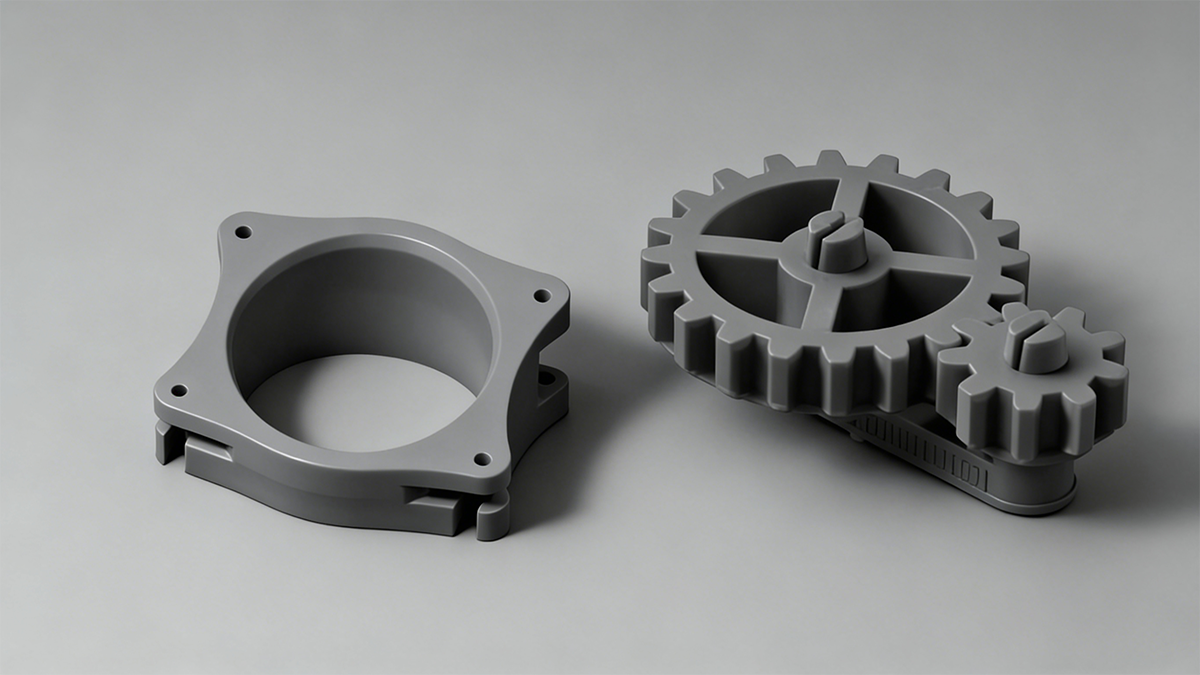 Close-up of 3D printed engineering parts, highlighting the precision and surface finish of Precision ABS resin