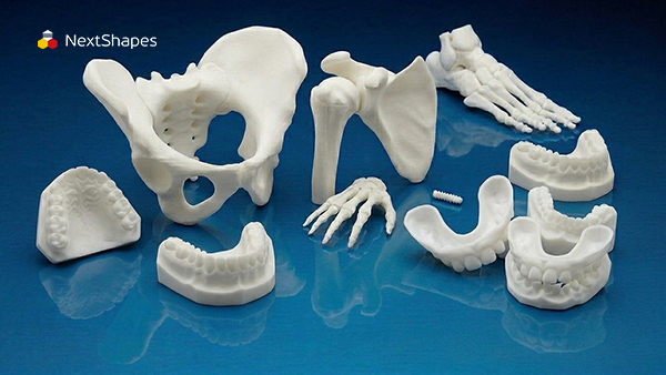 Complete collection of 3D printed dental casts, pelvic & hand bone anatomical models manufactured with NextShapes Precision Stone high-precision dental SLA resin for lab production