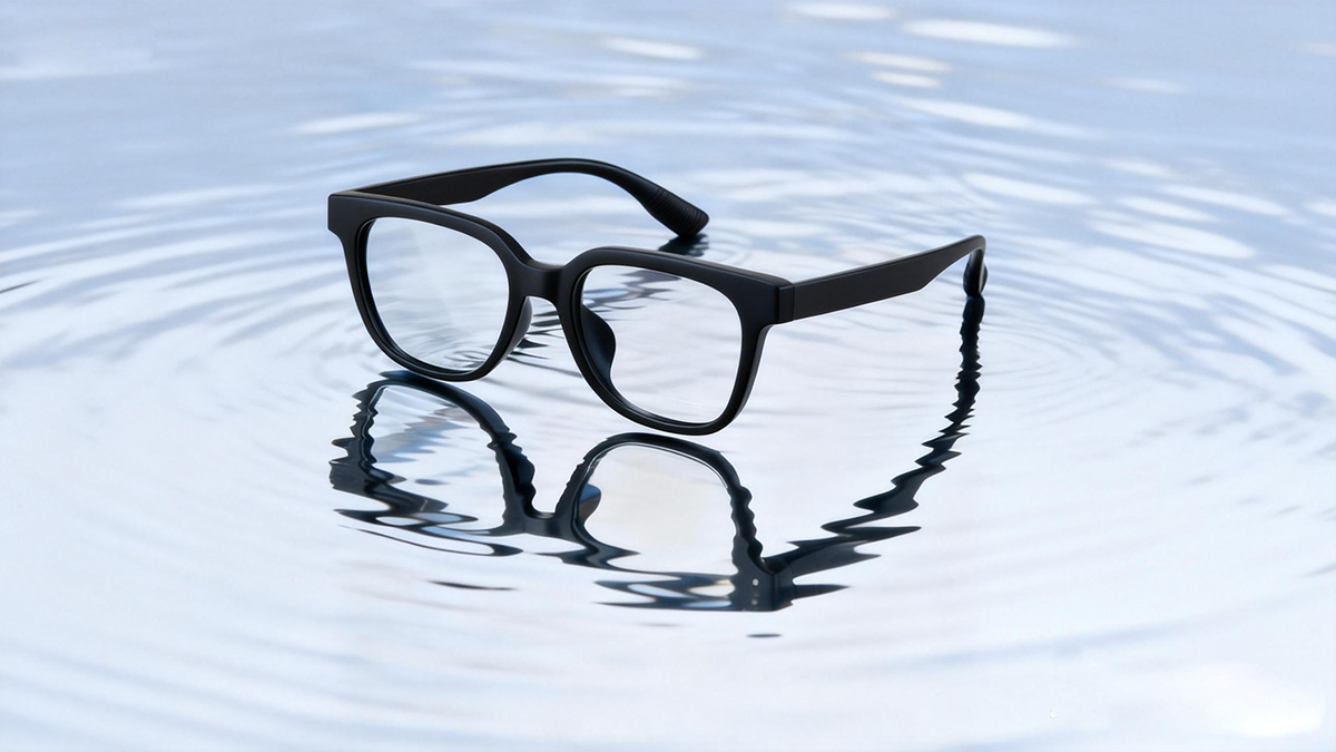 Black 3D printed eyeglass frame on a reflective surface, demonstrating the realistic, premium finish of Standard Pro 3D resin prototypes.