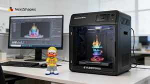Flashforge 3D printer printing a collectible figure with NextShapes PETG HF filament, next to a finished duck character toy and design software on a monitor, showing the full workflow from design to print