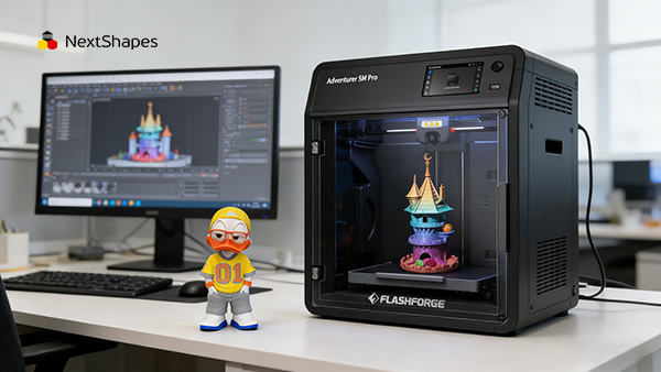Flashforge 3D printer printing a collectible figure with NextShapes PETG HF filament, next to a finished duck character toy and design software on a monitor, showing the full workflow from design to print