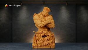 Orange 3D printed Street Fighter-style anime statue with intricate details, showcasing sharp edges and clean texture from NextShapes 8K Pro resin