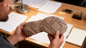 Designer reviewing a 3D printed shoe sole prototype made with high-precision resin, for footwear mold development