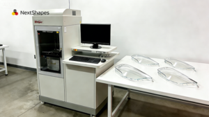 3D Systems Viper SLA 3D printer with transparent 3D printed parts made using NextShapes Precision Clear resin, used by European industrial clients.