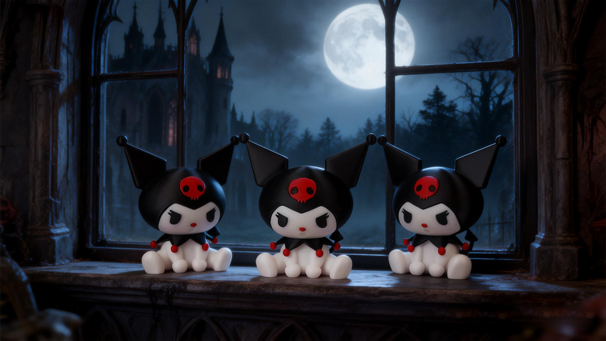 Three identical 3D printed Kuromi figurines, highlighting the color consistency and print quality of Standard PLA filament for character models.