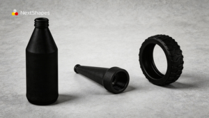 3D printed flexible parts made from NextShapes Elastic LCD/DLP resin, including elastic bottle shell, tapered fitting and rubber tire ring, showing rubber-like soft performance for industrial functional components