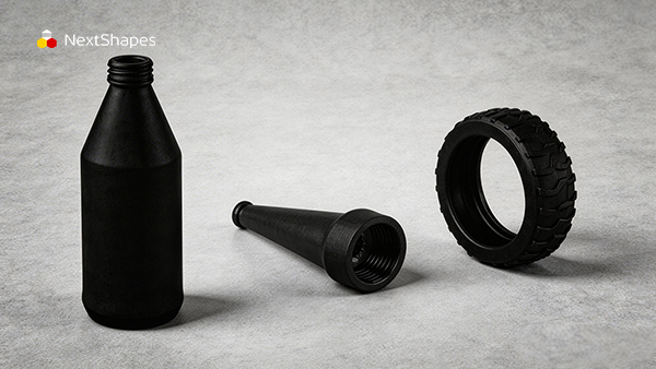 3D printed flexible parts made from NextShapes Elastic LCD/DLP resin, including elastic bottle shell, tapered fitting and rubber tire ring, showing rubber-like soft performance for industrial functional components