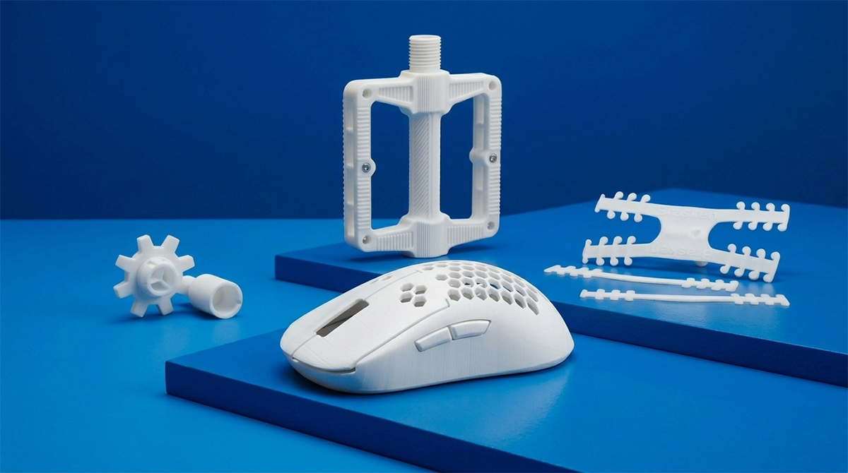 3D printed functional parts made with NextShapes ABS filament, including a gaming mouse, bicycle pedal, and gear components, showcasing the material's strength and precision for engineering applications