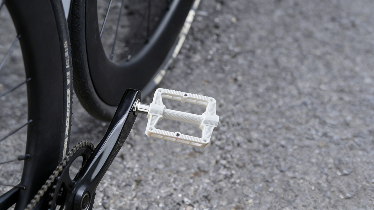 3D printed bicycle pedal made with NextShapes ABS filament, installed on a bike, demonstrating the material's weather resistance and mechanical performance for outdoor and automotive applications