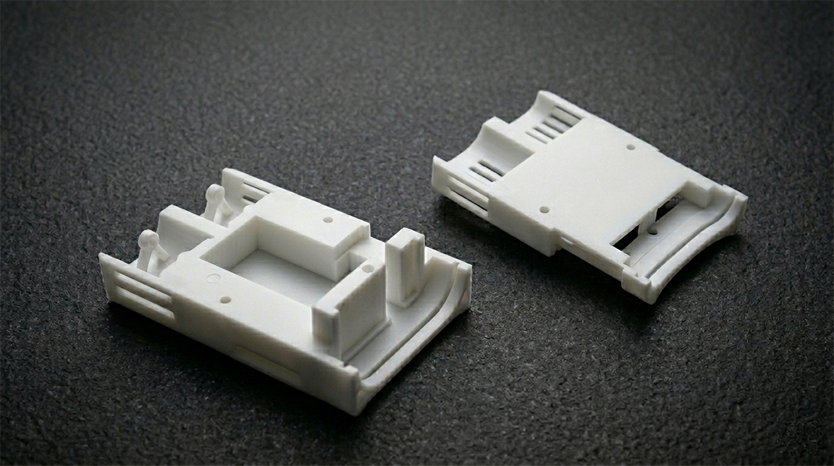 Two white 3D printed equipment housing prototypes from NextShapes ABS Like Plus resin, stable structure for PCB mounting, screw tapping and repeated disassembly verification