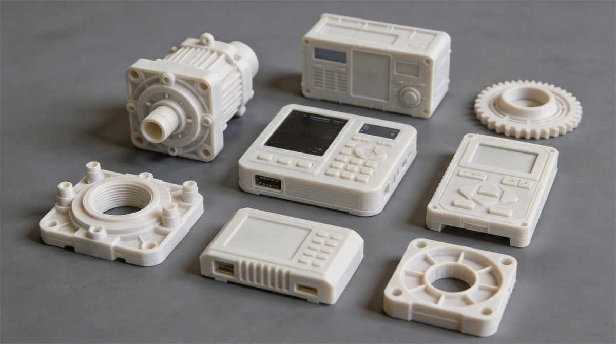 Full collection of diverse industrial prototypes including gear, valve housing and controller enclosure printed with ABS Like Plus resin for multi-scenario rapid product development
