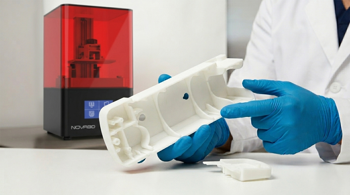 Engineer with blue nitrile gloves inspecting 3D printed electronics enclosure prototype made from NextShapes ABS Like Plus resin beside desktop SLA printer, showing functional prototype application for product validation