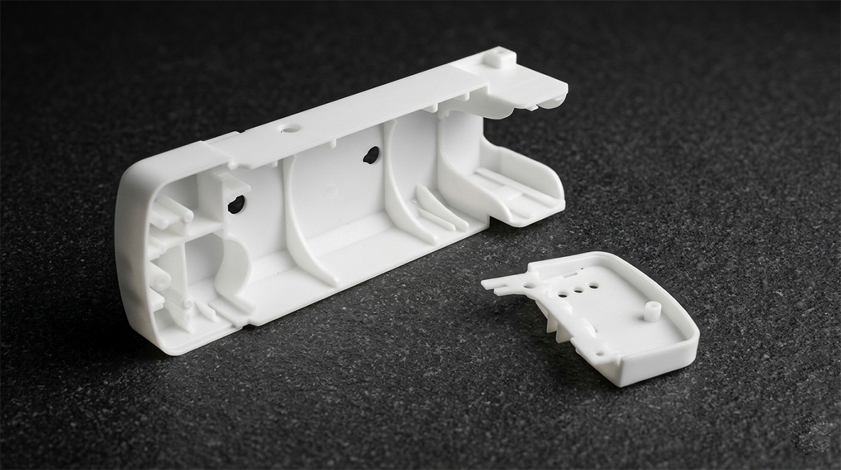 White 3D printed handheld device enclosure and matching cover made from ABS Like Plus SLA resin, smooth injection-mold-like surface for electronics prototype assembly testing