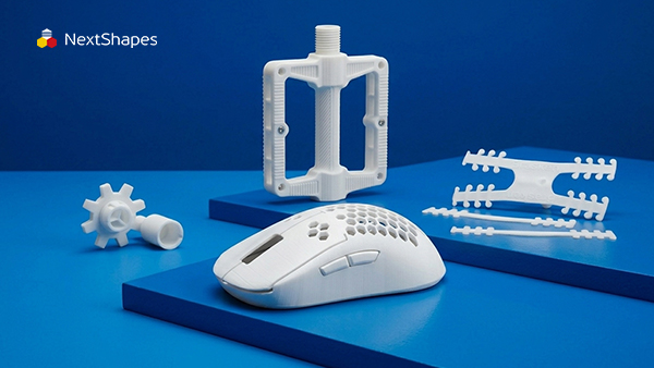 3D printed functional parts made with NextShapes ABS filament, including a gaming mouse, bicycle pedal, and gear components, showcasing the material's strength and precision for engineering applications
