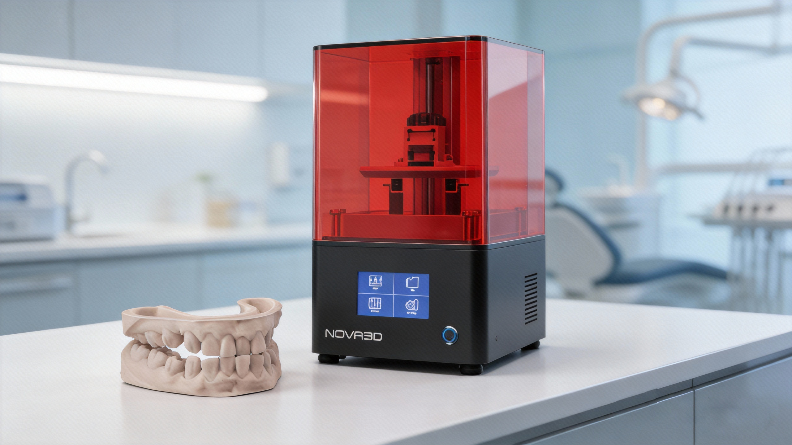 Nova3D 3D printer with NextShapes Dental Model Resin printed jaw model in a dental clinic setting