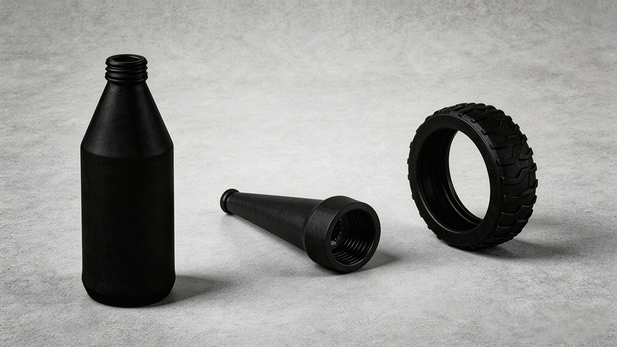 3D printed flexible parts made from NextShapes Elastic LCD/DLP resin, including elastic bottle shell, tapered fitting and rubber tire ring, showing rubber-like soft performance for industrial functional components